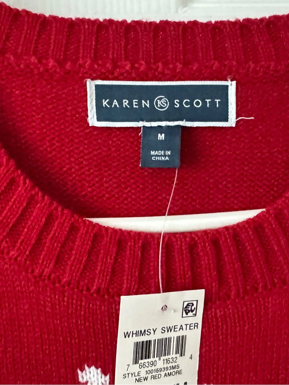 Karen Scott Red Crewneck Holiday Sweater with Santa, Snowman & Reindeer